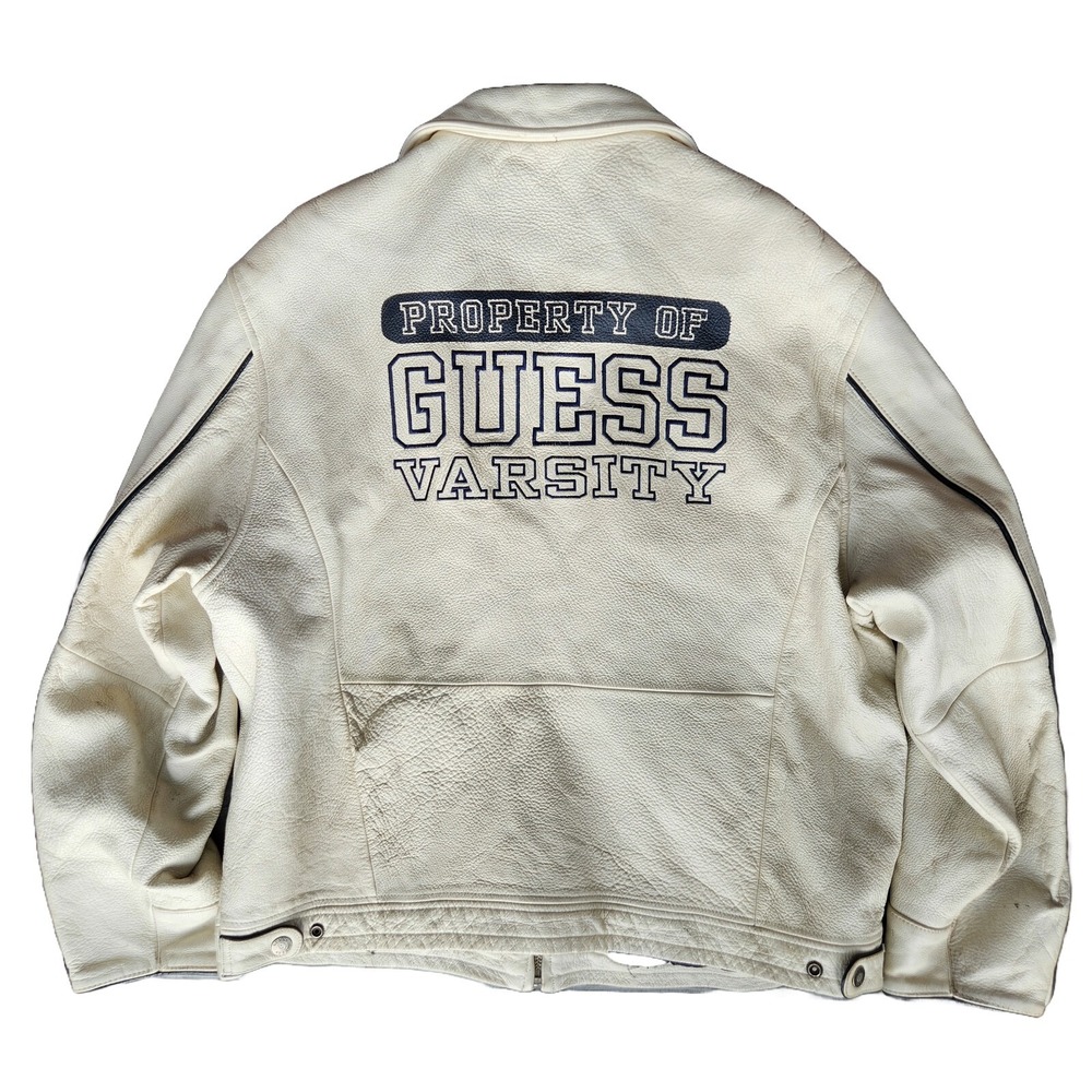 Vtg 80s Guess Varsity Jacket‎ Mens XL Beige Leather Y2k Punk Grunge 2000s Retro